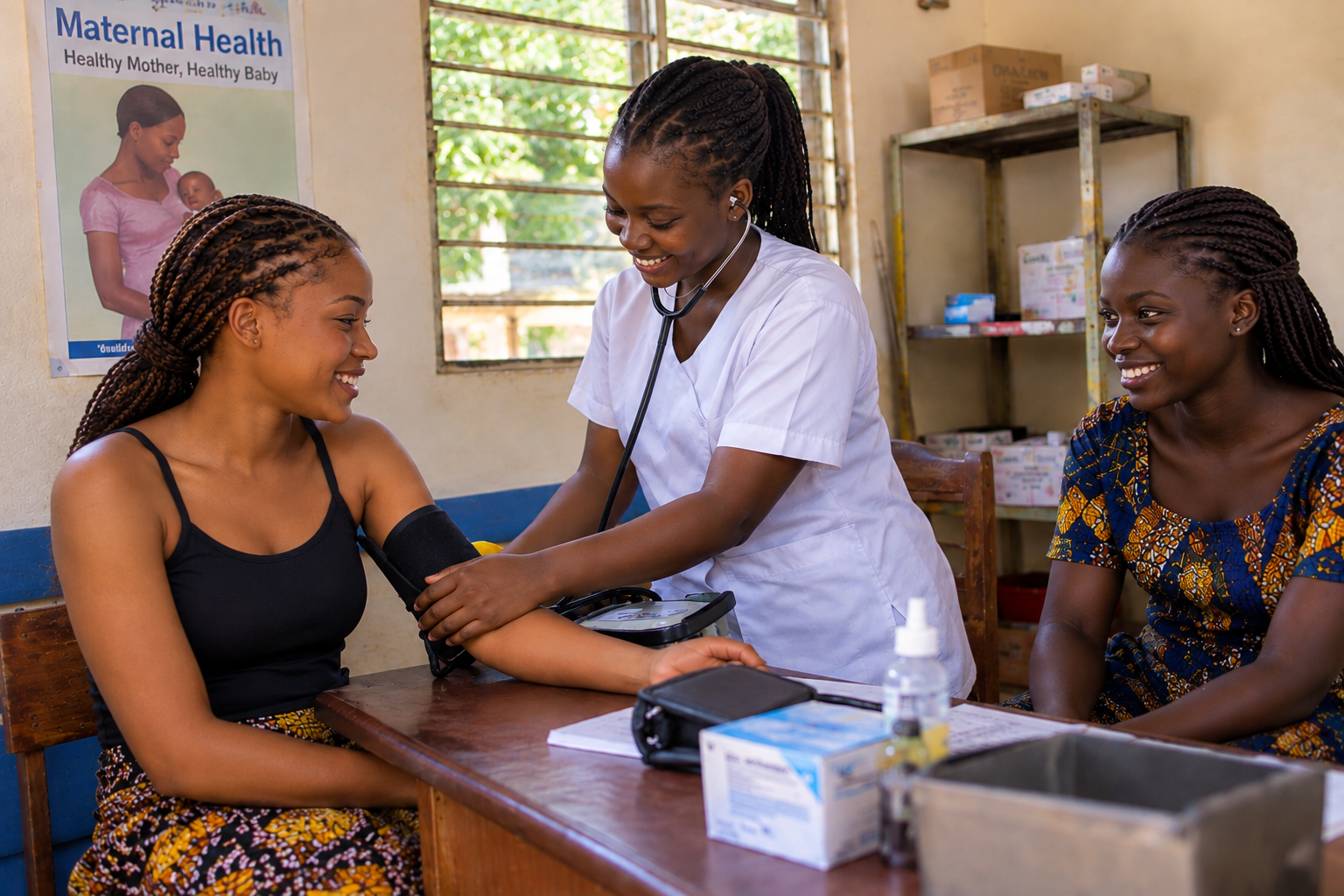 Healthcare worker checking a patient's blood pressure at a maternal health clinic